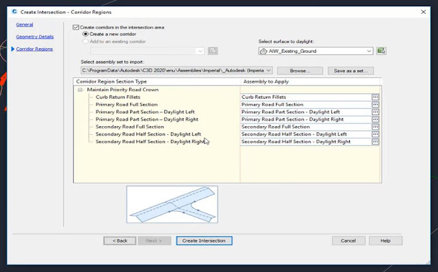 Corridor regions in Autodesk Civil 3D