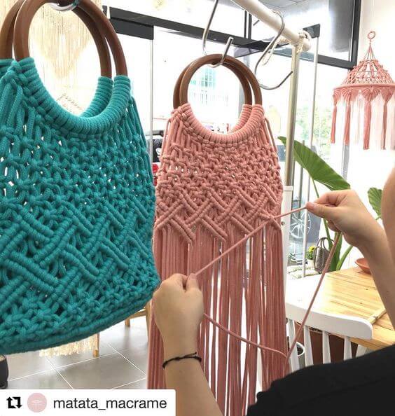 Bolsas em macramê Bolsa de macramê feita com fio de algodão cru