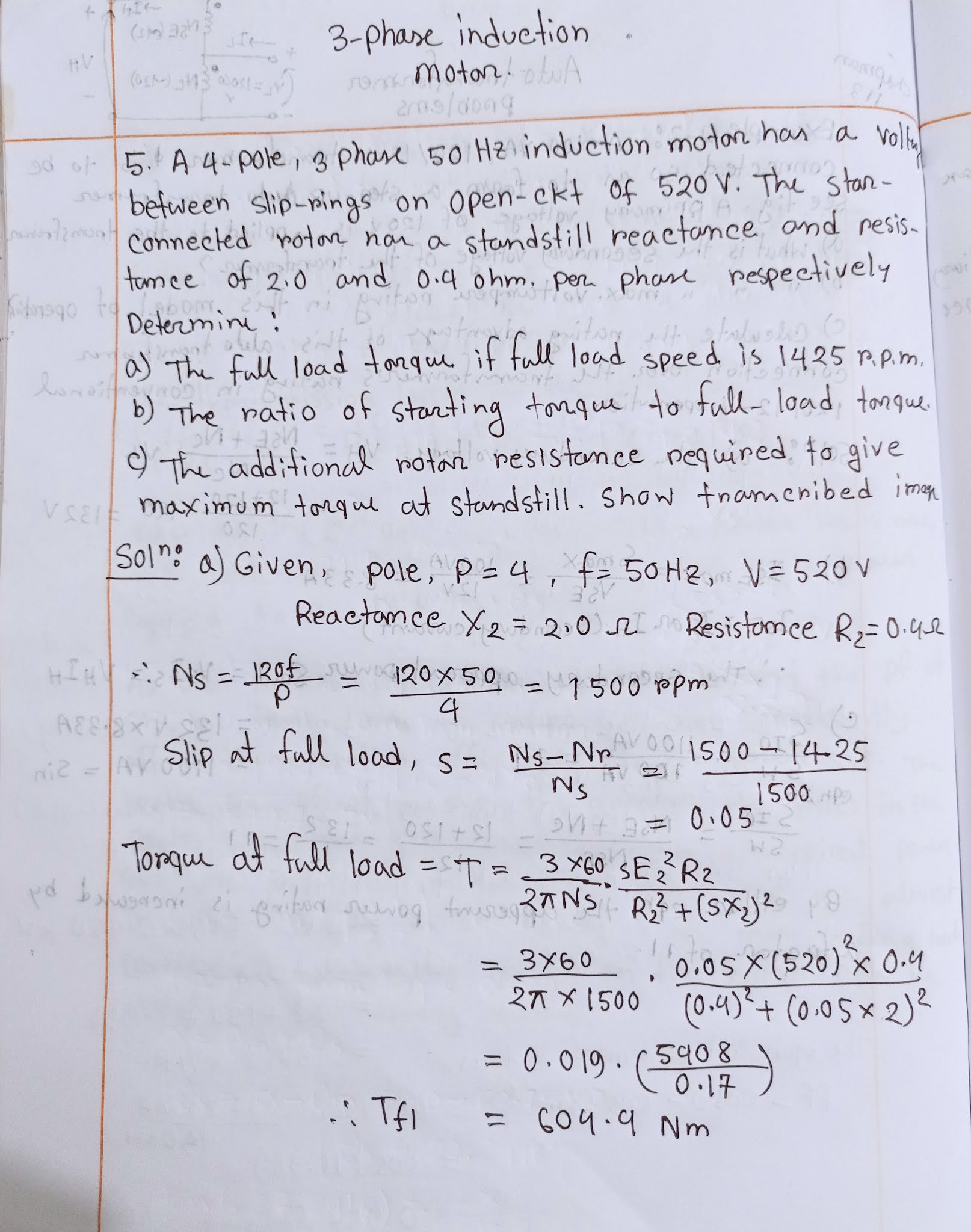 5. A4pole, 3phase, 50 Hz induction motor has a voltage between slip