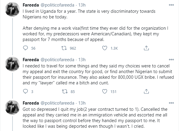 "Uganda has been discriminatory towards Nigerians - Nigerian lady says"