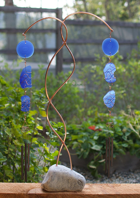 Freestanding double wind chime, cobalt blue glass, beach stone base, by Coast Chimes