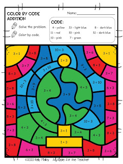 Color by Number Addition Facts School Supply Themed Globe colored in