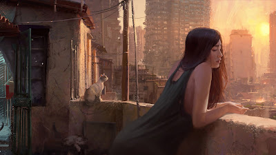 Girl standing on the balcony, cats, city, sunset