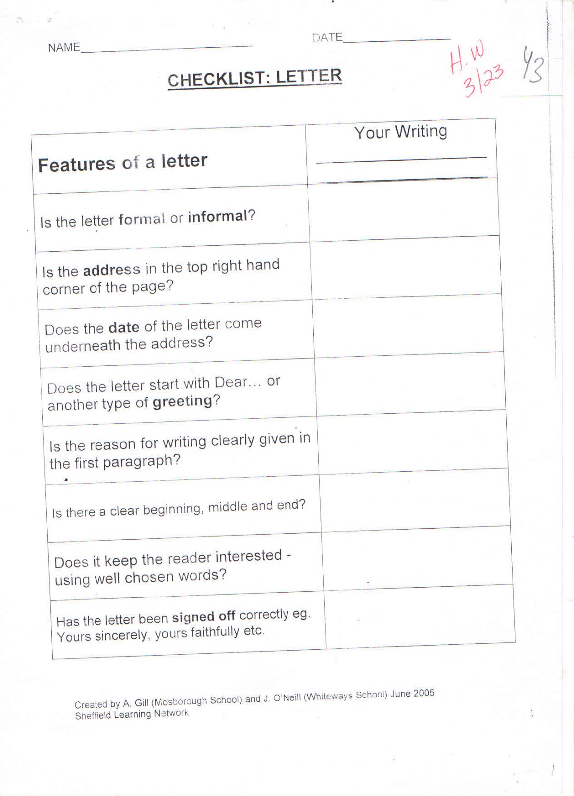 Year 3 fantasy Letter Checklist