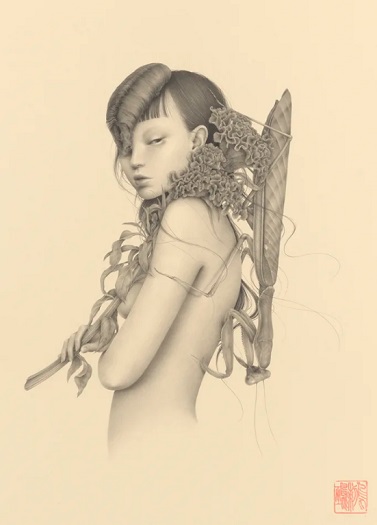 by Ozabu, また来年 (Mata Rainen), 2019 | imagenes dibujos de mujeres a lapiz | soledad, tristeza, depresion femenina | deep emotional woman art | girl with flowers