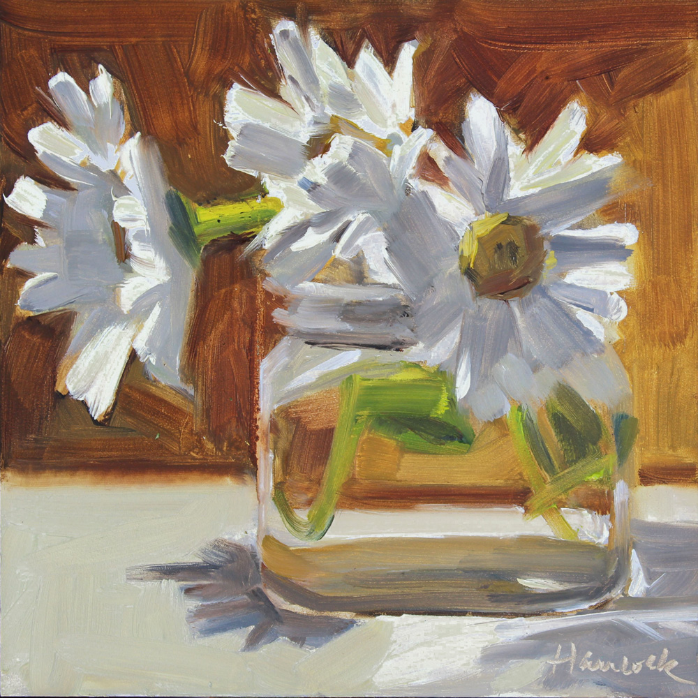 Gretchen Hancock's Paintings Daisies in a Square Glass Jar on Burnt