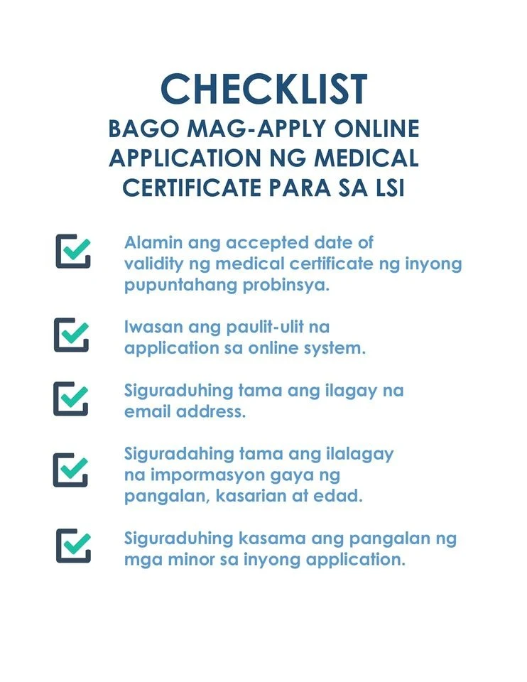 Checklist Bago mag-apply online application ng medical certificate para sa LSI