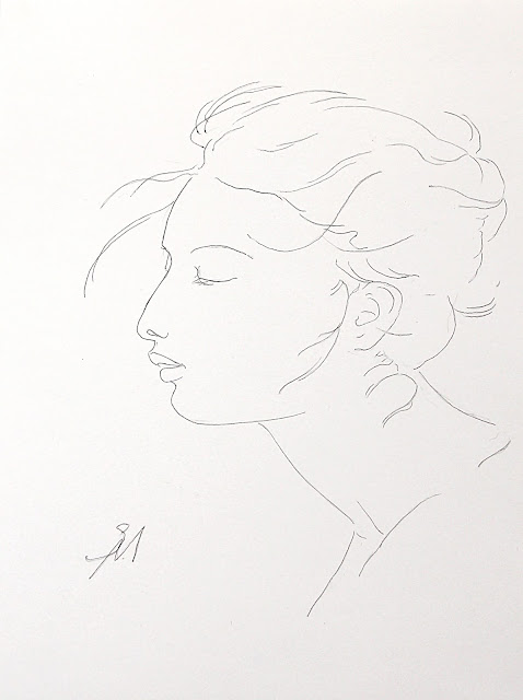 Profile, breeze, line drawing,  head of a woman, Sarah Myers