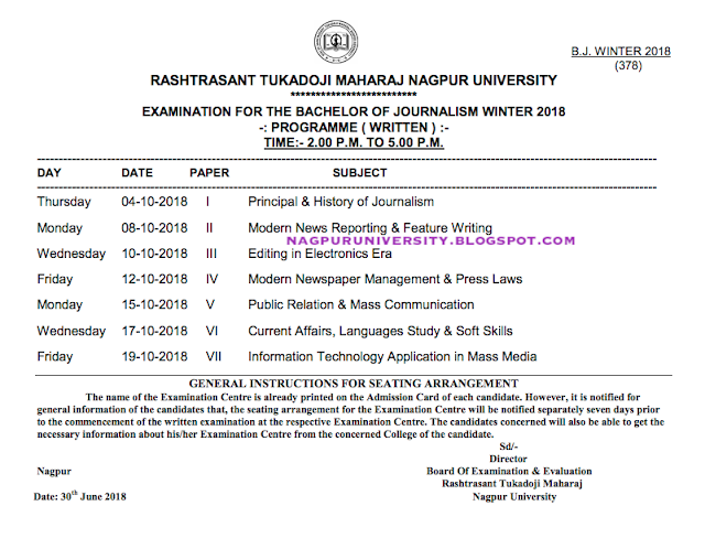 RTMNU Time Table Bachelor of Journalism Exam Winter 2018
