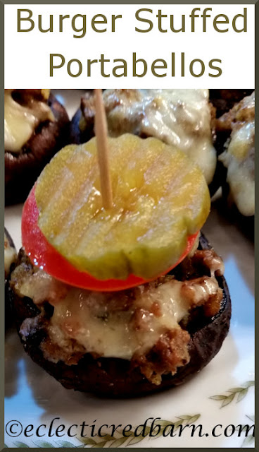 Burger Stuffed Portobello Mushrooms. Share NOW. #easydinner #dinner #appertizer #eclecticredbarn
