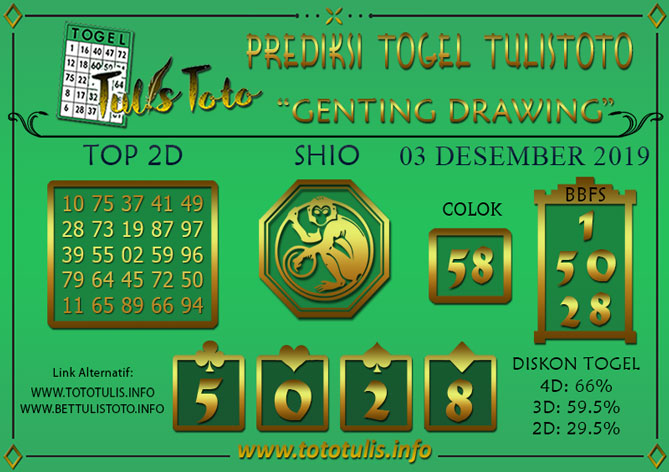 Prediksi Togel GENTING DRAWING TULISTOTO 03 DESEMBER 2019