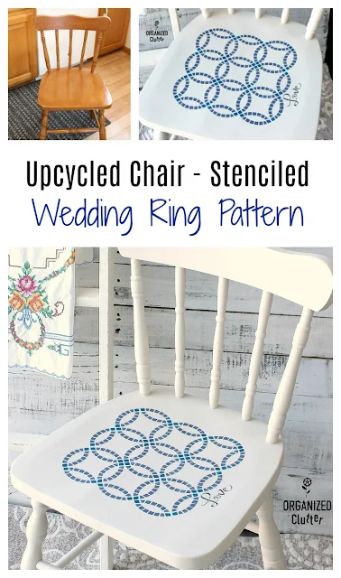 Upcycled Garage Sale Chair With Stenciled Wedding Ring Quilt Pattern #dixiebellepaint #weddingringpattern #weddingringquilt #stencil #upcycle #garagesalefind #furnitureupcycle