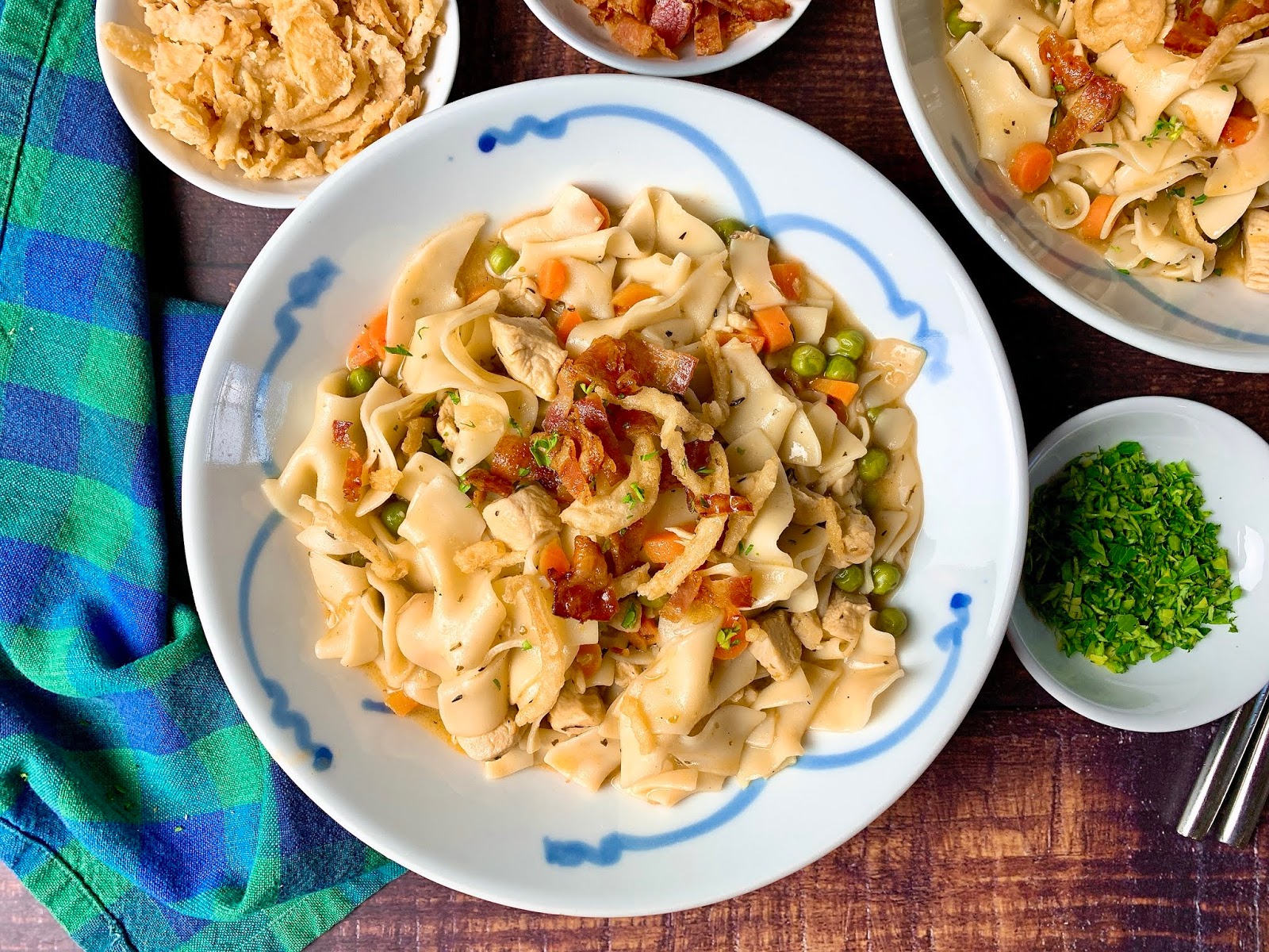 Creamy Chicken Noodle Stew with Bacon and Crispy Onions