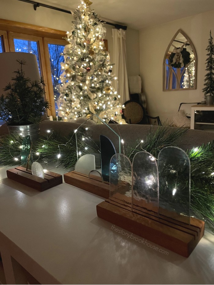 Twinkle lights on glass Nativity scene