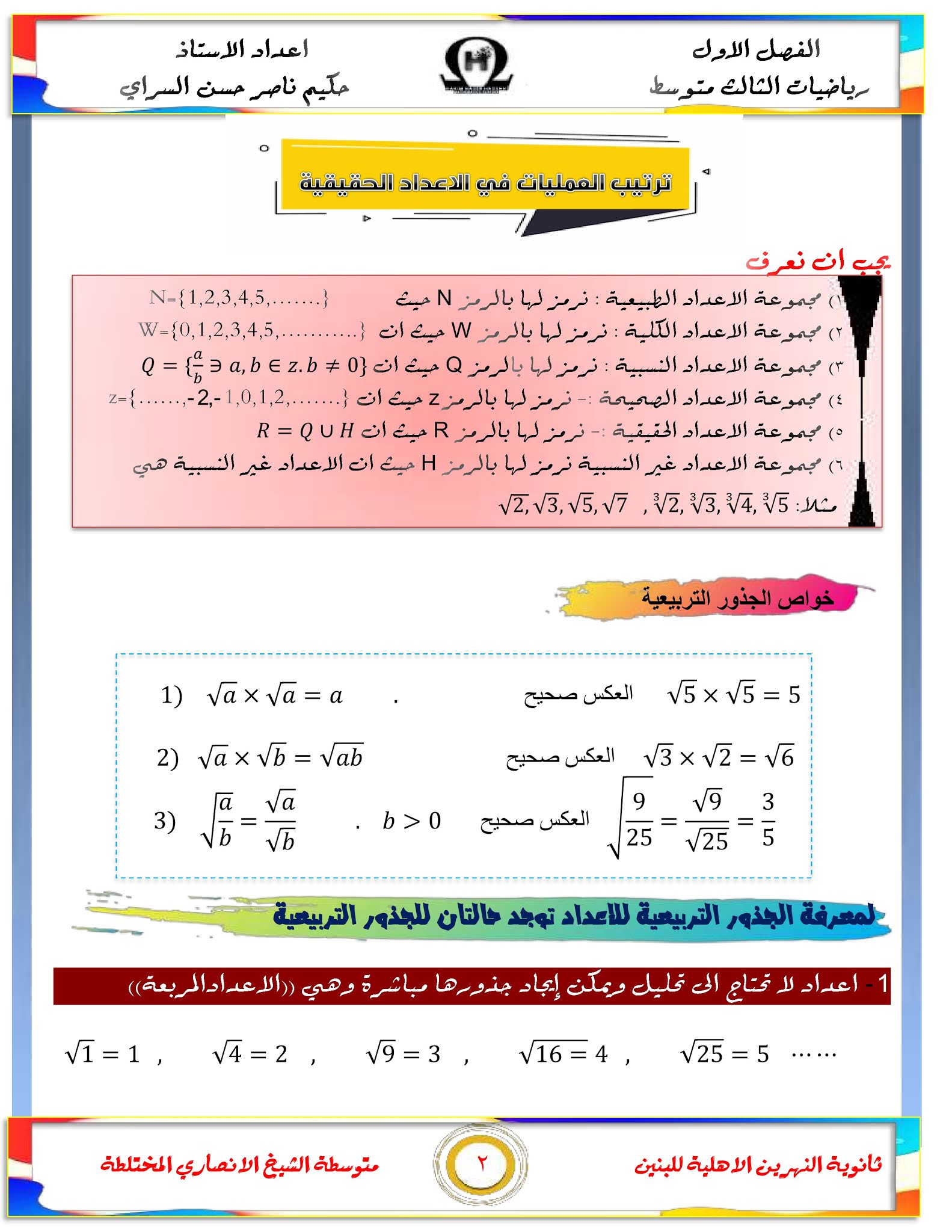اوراق ملخص رياضيات الثالث متوسط 2021 الفصل الاول كامل بعد الحذف من التربية شرح مع حل التمارين المطلوبة فقط