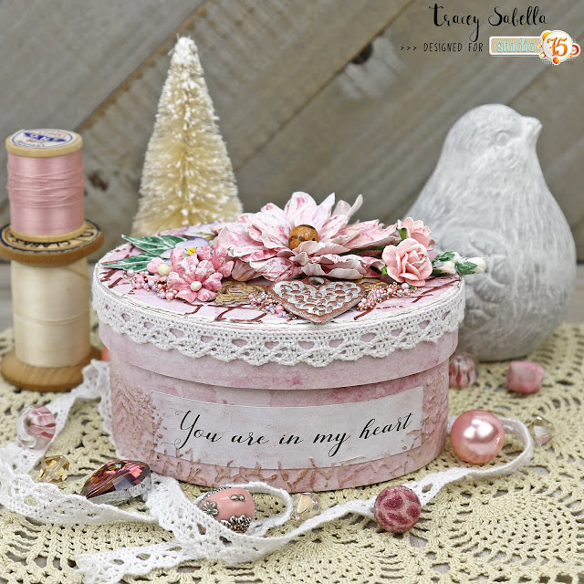 "You Are in My Heart" Altered Mixed Media Box by Tracey Sabella for Studio75 February 2019 Challenge #studio75 #littlebirdiecrafts #49andmarket 49andmarketflowers #finnabair #finnabairproducts #primamarketing #prills #thecraftersworkshopstencils #helmar #thermoweb #mixedmedia #mixedmediaart #mixedmediabox #alteredbox #mixedmediaartist #shabbychic #shabby #shabbychiclover #shabbychicbox #papercrafting #chipboard #altered #homedecor #handcrafted #handmade ⠀