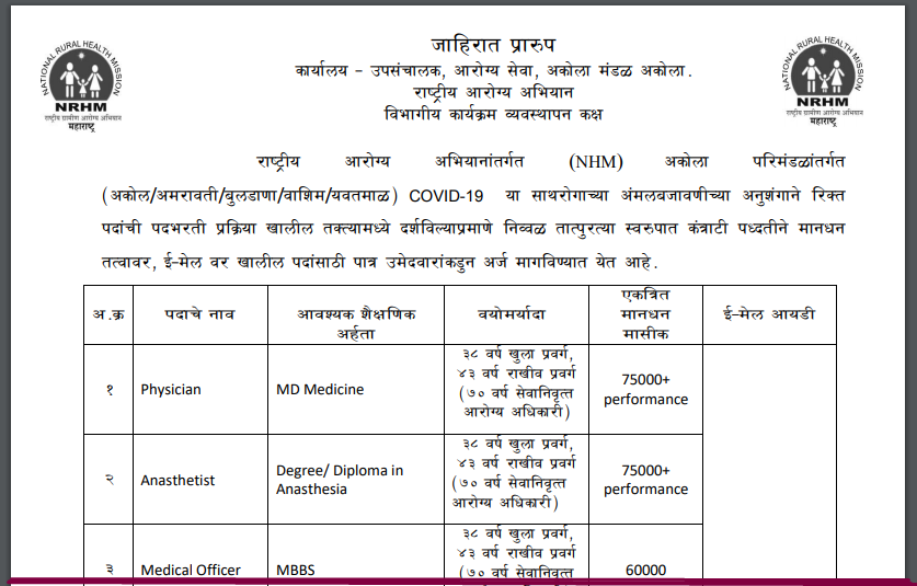 NHM Akola Staff Nurse, DEO, Pharmacist Recruitment 2020 Previous