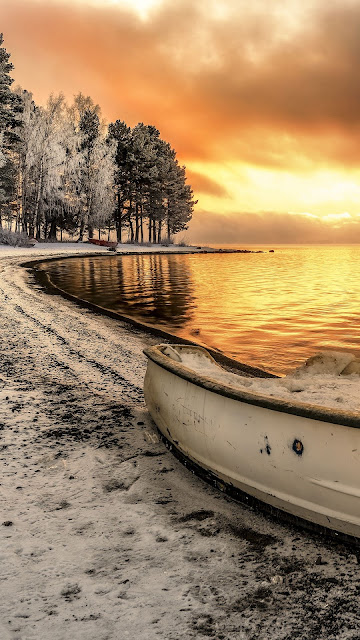 Sunset, Lake, Boat, Clouds, Snow, Landscape Sunset, Lake, Boat, Clouds, Snow, Landscape