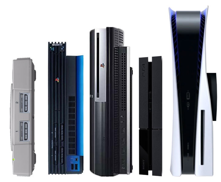 PlayStation 5 in black and a comparison of all generations of PlayStation