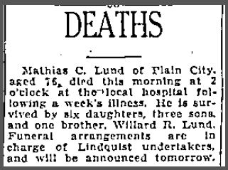death notices newspaper notice mathias lund utah ogden examiner deaths 1926 standard university source