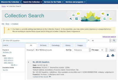 Screen capture of Library and Archives Canada Collection Search results page looking for "24-104a 426 squadron"