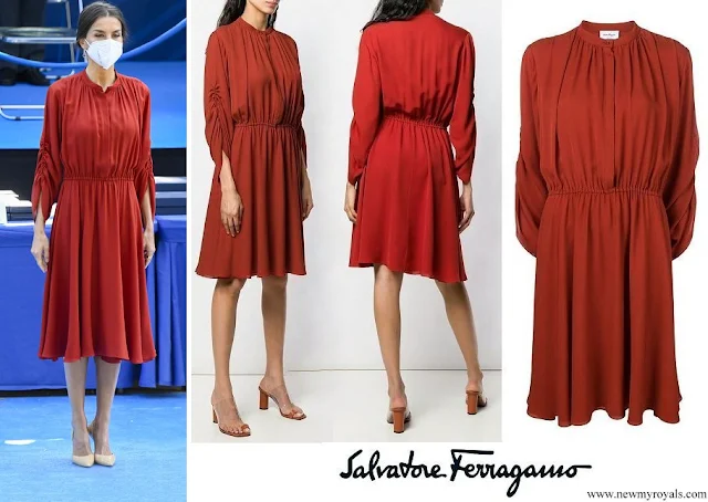 Queen Letizia wore a long sleeve flared midi red dress by Salvatore Ferragamo