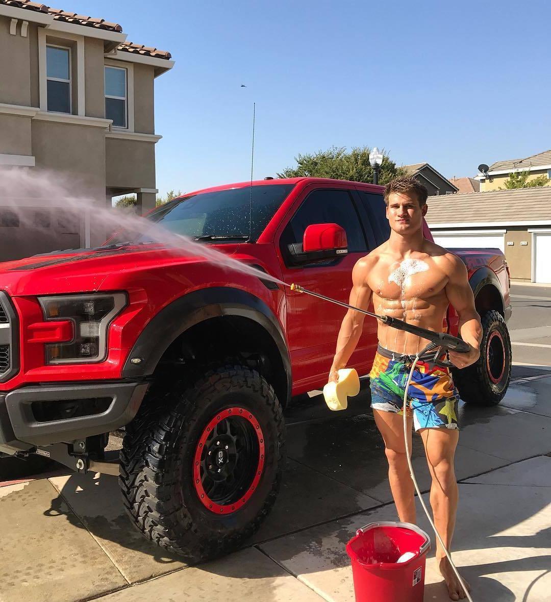 classic-american-bro-fit-shirtless-dude-sage-northcutt-cocky-young-jock-abs-wet-body-red-car-summer-cleaning