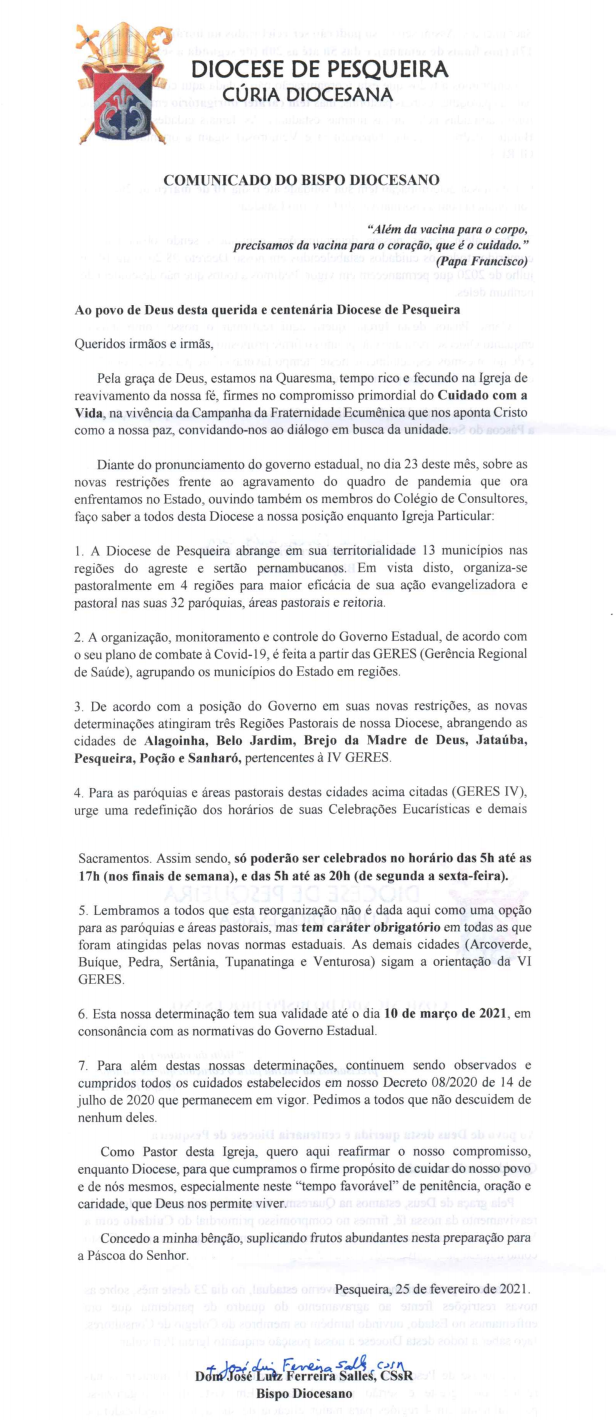 Covid-19: Dom José Luiz emite comunicado sobre alteração de horários de celebrações nas paróquias