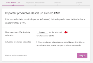 Tras iniciar la importación veras una pantalla en la que te solicitará el archivo .csv