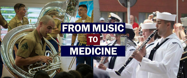 Cpl. Steven Mowen(left) performs during a concert. Ensign Trevor Elam (right) performs as part of a military band.