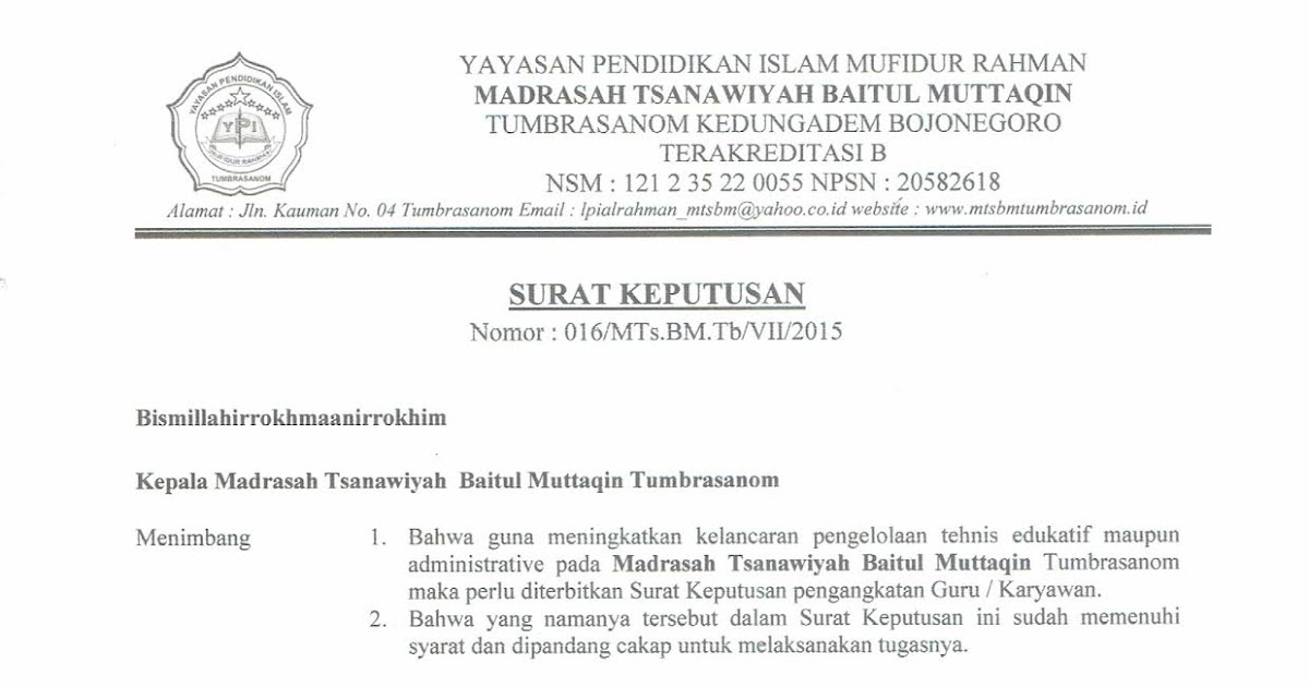 Contoh Sk Waka Kurikulum Mtss Baitul Muttaqin Tumbrasanom