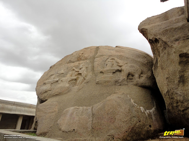 Sculptures on a rock behind the huge Naga Linga inside the Veerabhadra Swamy Temple complex at Lepakshi, in Andhra Pradesh, India