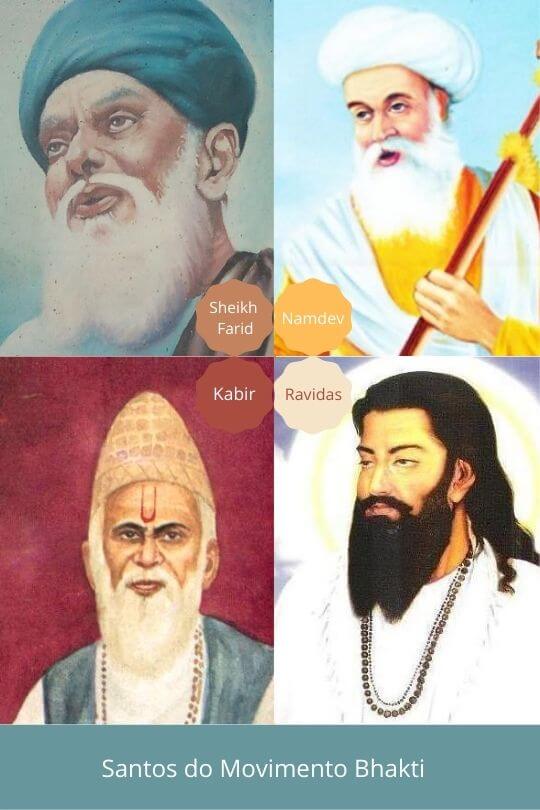 Imagem contendo 4 ilustraçoes de 4 santos do Movimento Bhakti, 1. Sheikh Farid, 2. Nam Dev, 3. Poeta Kabir e 4. Ravidas. Os 3 primeiros estão usando turbante e barba longa. O último também tem barbas longas e cabelos longos, mas não usa turbante.