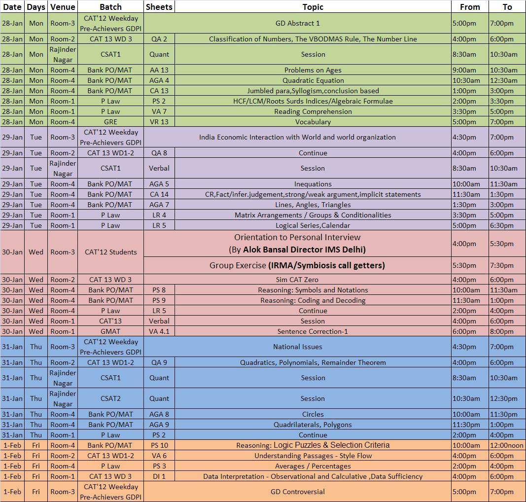 IMS CP Schedule: Class Schedule from 28th January to 1st February 2013