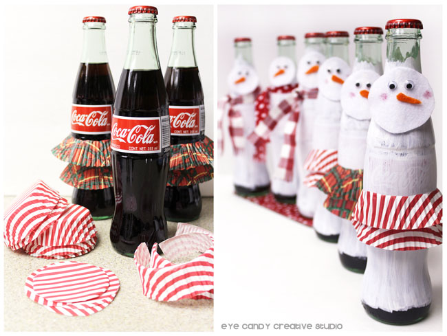 creating skirt from cupcake liners for snow woman bottle craft
