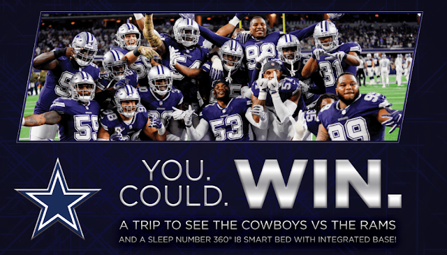 Dallas Cowboys Flyaway Sweepstakes Sleep Number not only wants you to get a good night's rest with their Smart Bed, but also a chance to win a trip to see the Dallas Cowboys Vs The Rams!