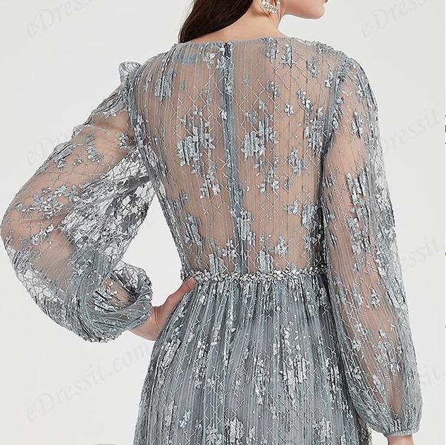 Sexy Grey Long Sleeves Lace Tulle Party Evening Dress 