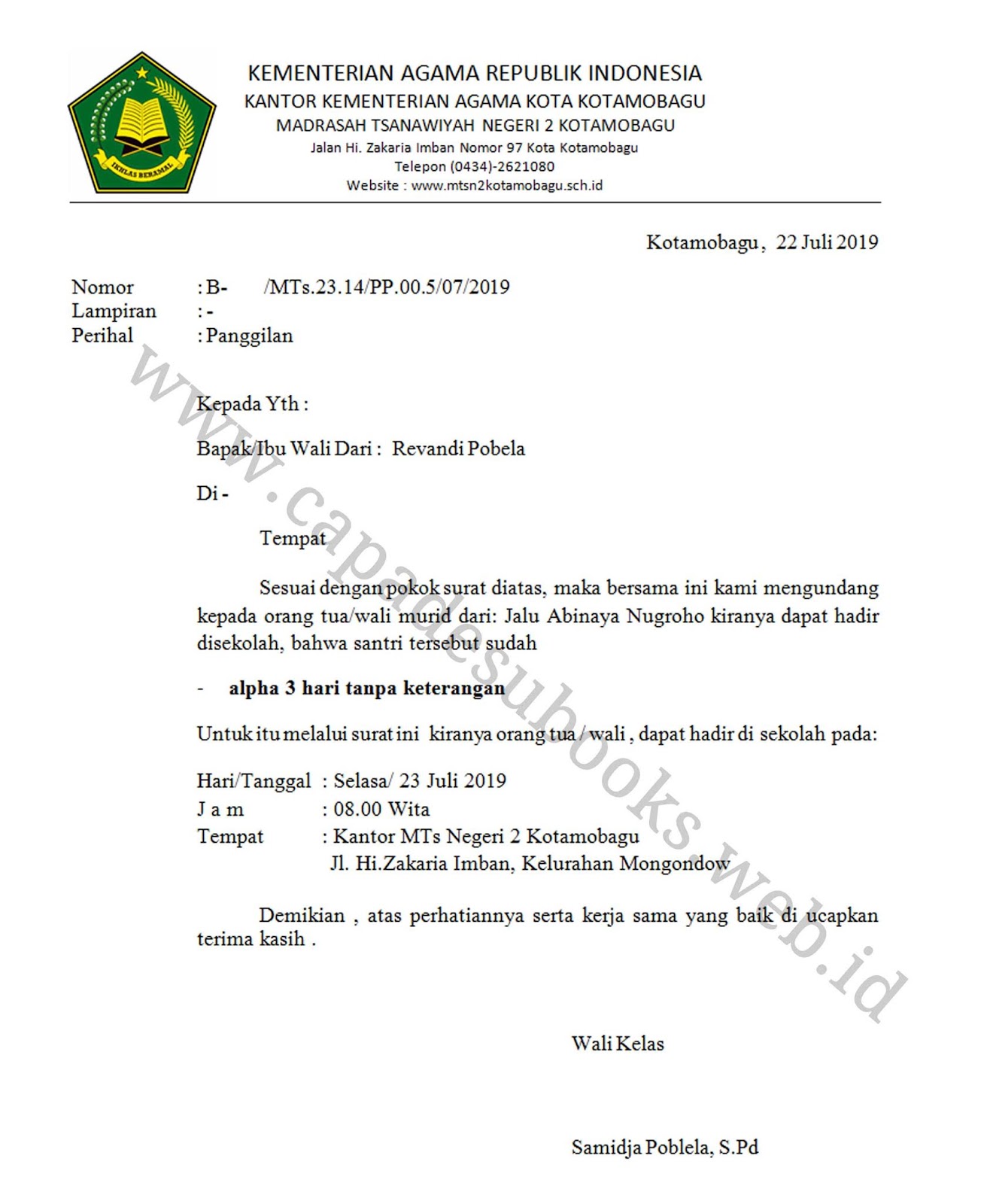 Contoh Surat Panggilan Orang Tua Siswa Terbaru