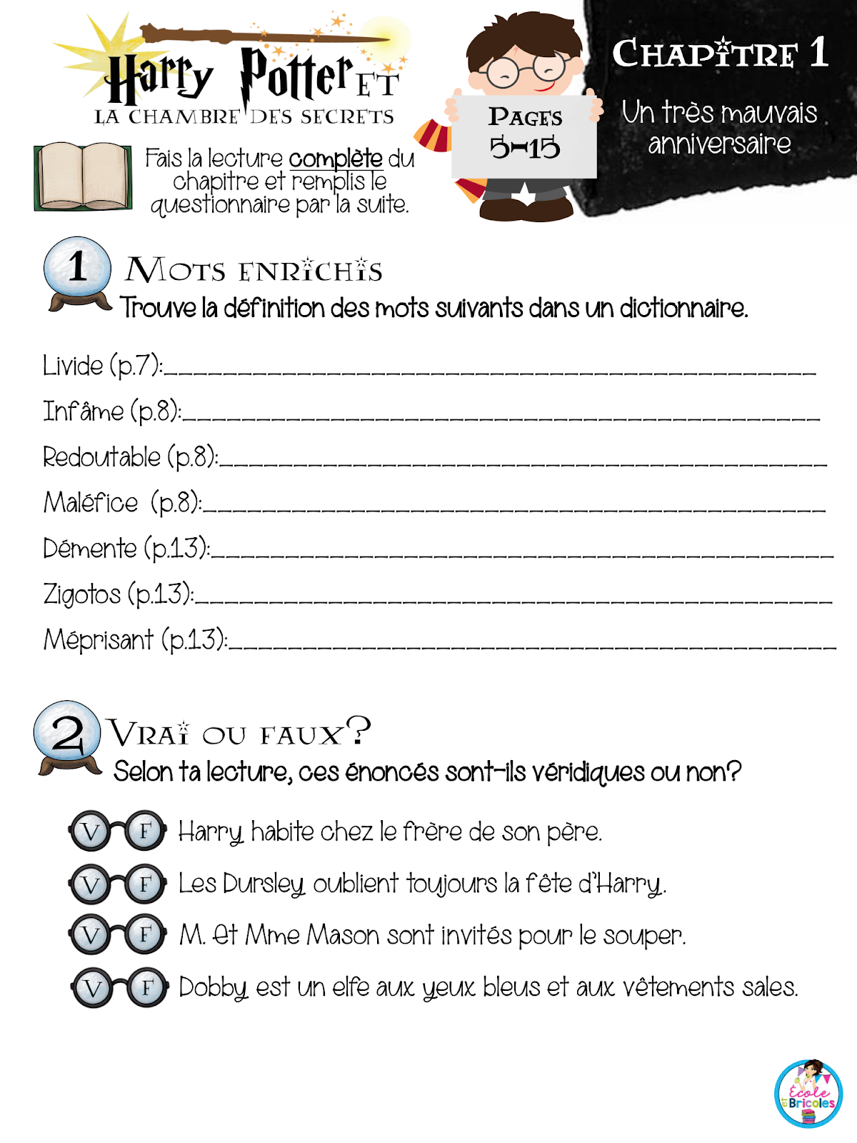 École et bricoles Harry Potter et la chambre des secrets (suivi de lecture)