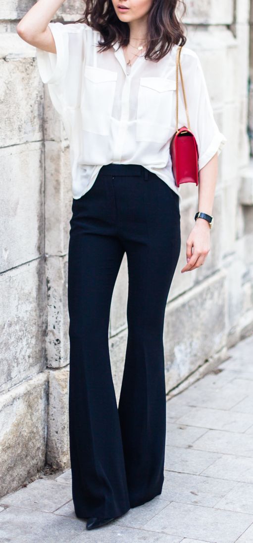 Stunning navy pants and loose white blouse | Just a Pretty Style