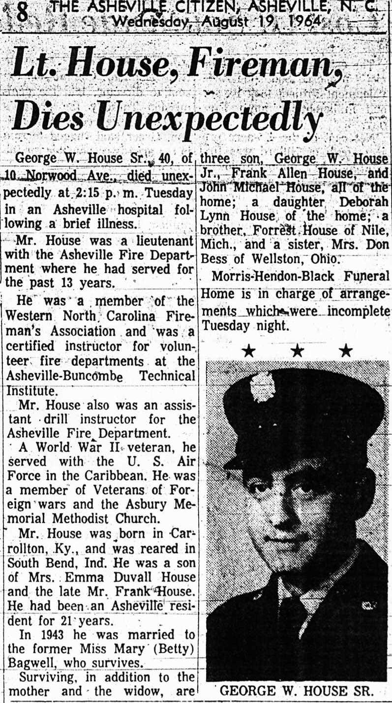 Asheville Fire Department History House Obituary