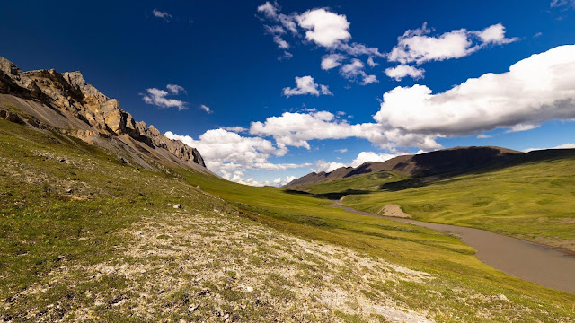 Wallpaper landscape, hills, river, field, clouds