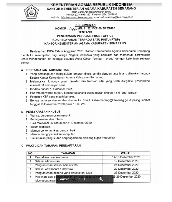 Lowongan Kerja Tenaga Front Office Kementerian Agama Tahun Anggaran