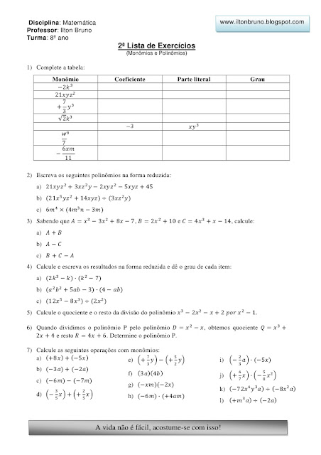 LISTAS DE EXERCÍCIOS MONÔMIOS E POLINÔMIOS