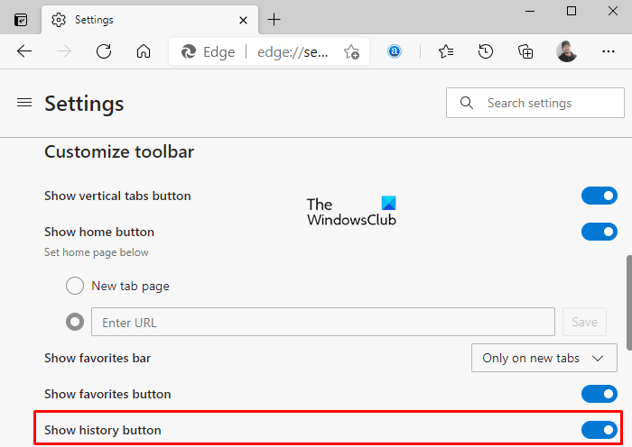 Botón Mostrar u ocultar historial en la barra de herramientas en Microsoft Edge