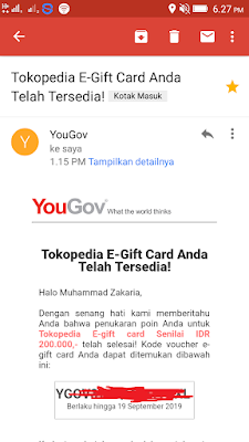 Bukti Pembayaran Voucher Tokopedia dari Aplikasi Penghasil uang Gratis Yougov