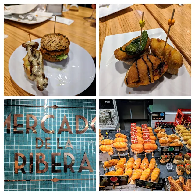 Where to eat in Bilbao Spain: Collage of pintxos from Mercado de la Ribera