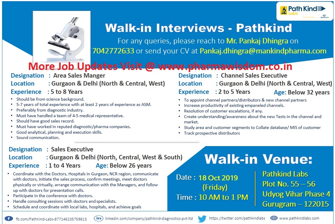 Pathkind Labs (a Mankind Pharma Company) WalkIn Interviews on 18th Oct' 2019 PHARMA WISDOM