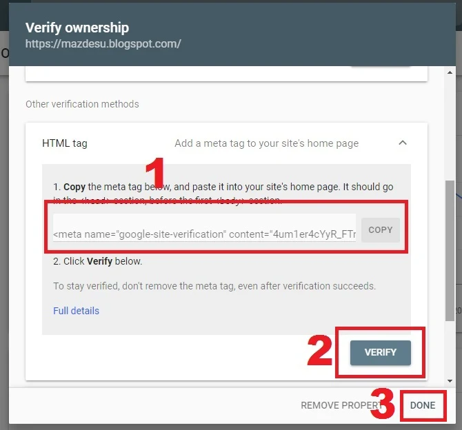 Langkah 4 - Copy HTML Tag Verification Code