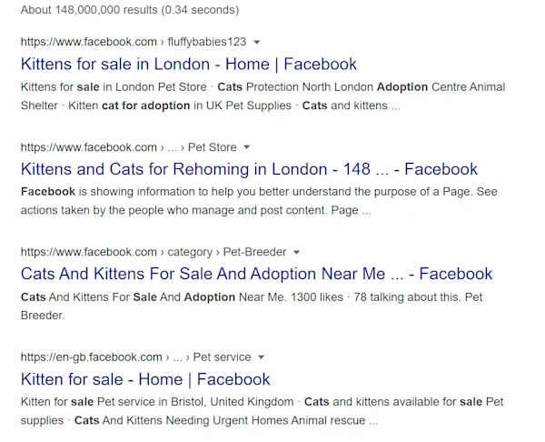Animals for sale of Facebook listed by Google search